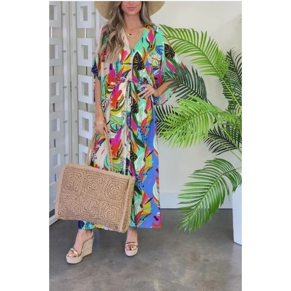 Palms Away Tropical Maxi Dress Oversize Dolman Sleeves Sz S CRUISE VACATION Beac - Picture 3 of 16